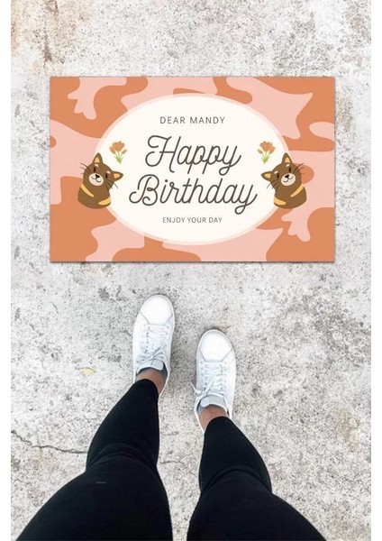 Dijital Baskı Gül Kurusu Kedili Desen Kapı Önü Paspası K-1027