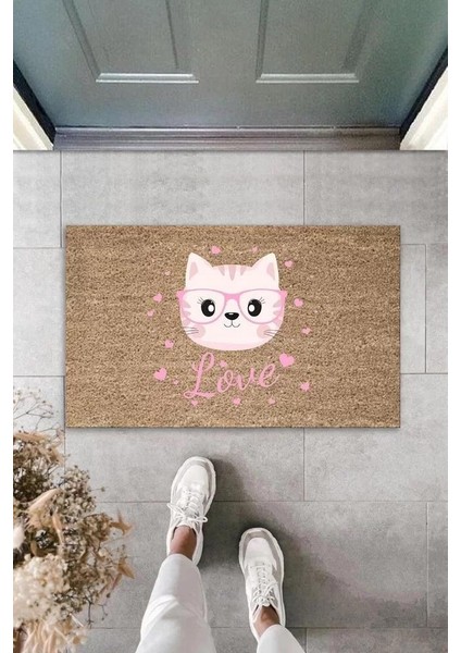 Dijital Baskı Kahverengi Love Yazılı Pembe Gözlüklü Kedi Dekoratif Kapı Paspası K-2048