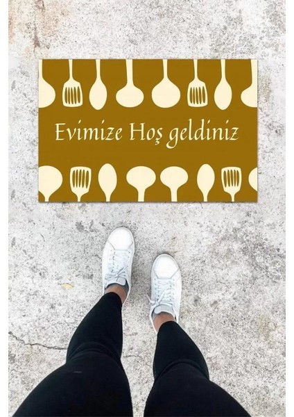 Dijital Baskı Kahverengi Kaşık Desen Kapı Önü Paspası K-1041