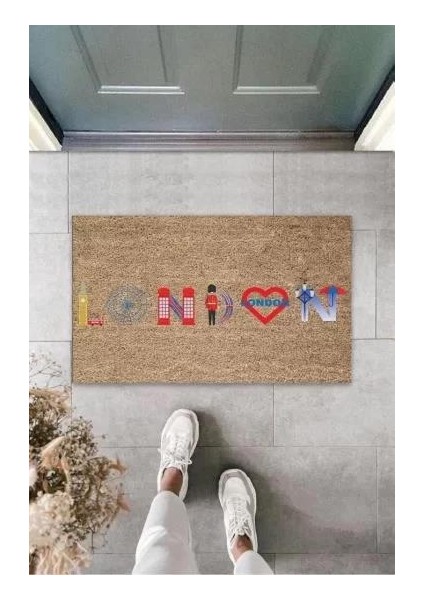 Dekoratif Dijital London Kalpli Bej Kapı Paspası Dış Mekan Paspas K-3162