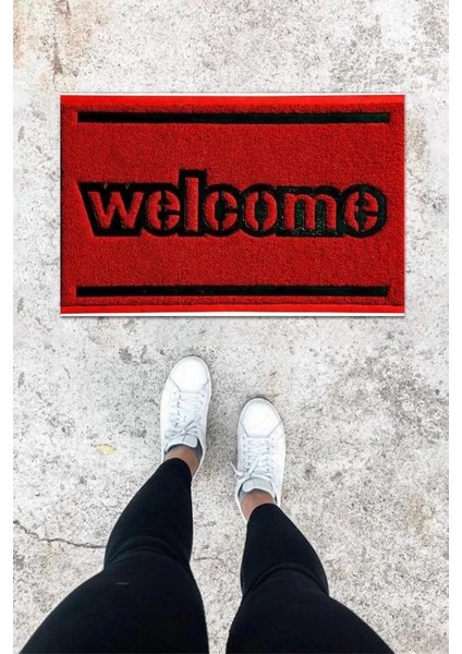 Dijital Baskı Kırmızı Kıvırcık Desen Kapı Önü Paspası K-1020