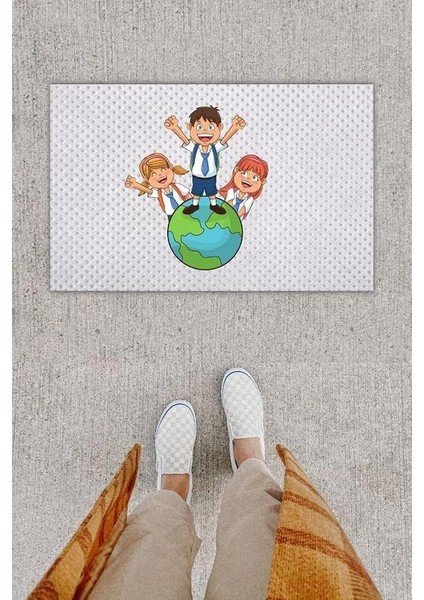 Dijital Baskı Dekoratif Mutlu Çocuklar Beyaz Kapı Önü Paspası K-1285