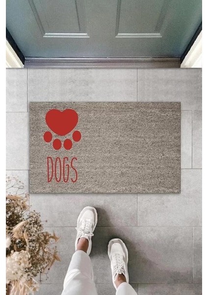 Dijital Baskı Gri Kırmızı Kalpli Dogs Dekoratif Kapı Paspası K-2073