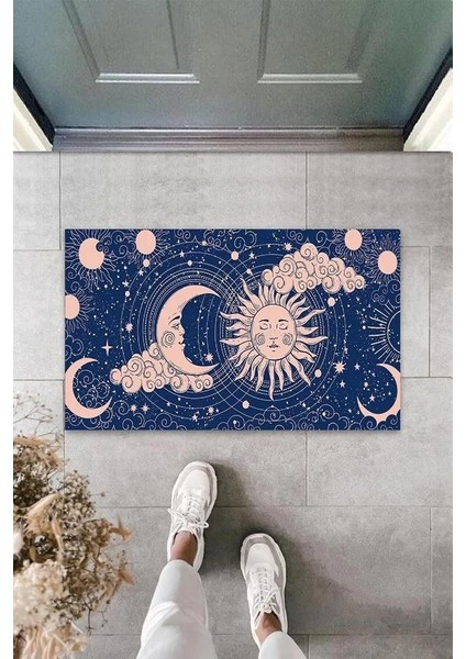 Dekoratif Dijital Güneş ve Ay Lacivert Kapı Paspası Dış Mekan Paspas K-3115