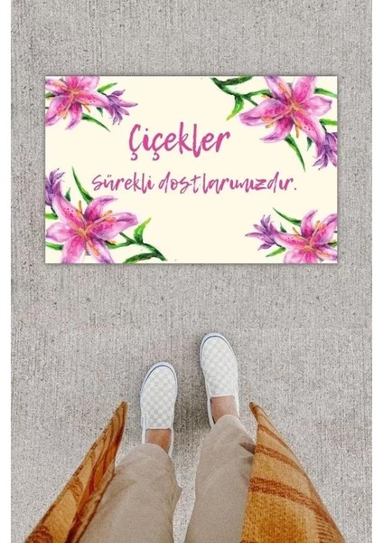 Dijital Baskı Dekoratif Zambak Pembe Kapı Önü Paspası K-1204