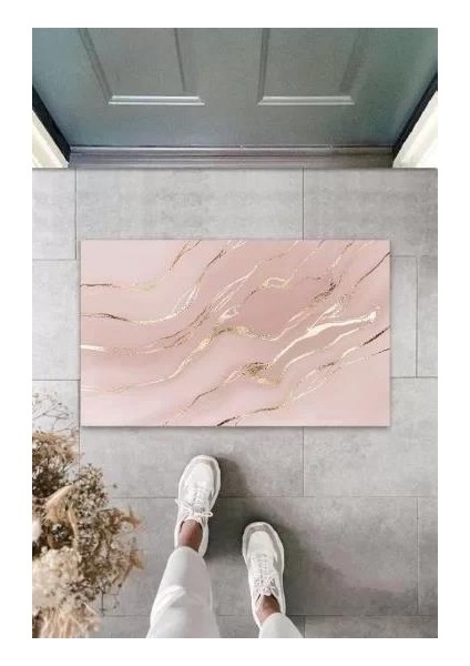 Dekoratif Dijital Modern Dalgalı Açık Pembe Kapı Paspası Dış Mekan Paspas K-3113