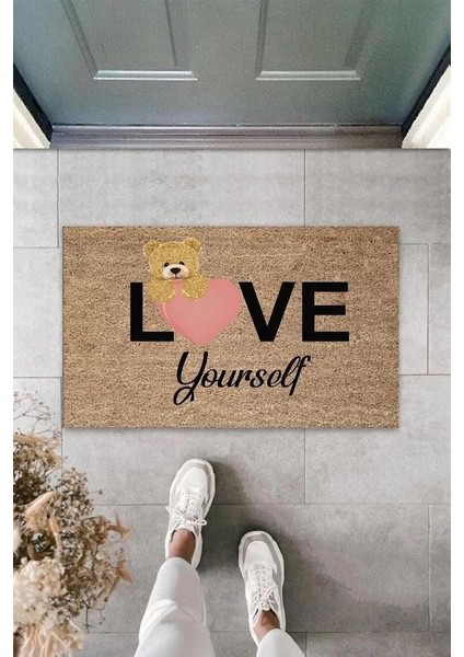 Bej Kapı Önü Paspası Love Yourself Ayıcık Desen K-3327