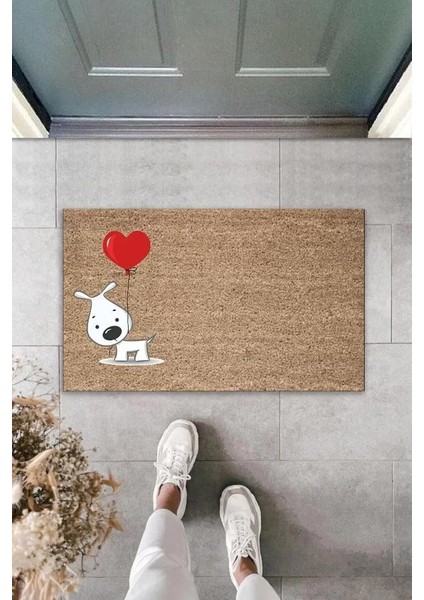 Dijital Baskı Kahverengi Kırmızı Balonlu Beyaz Köpek Dekoratif Kapı Paspası K-2014
