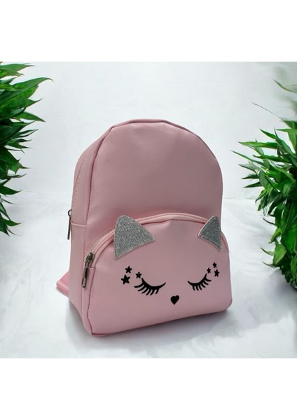Kız Çocuk Sırt Çantası Pembe Renk Kedili Yıldızlı Sevimli Hayvan Desenli