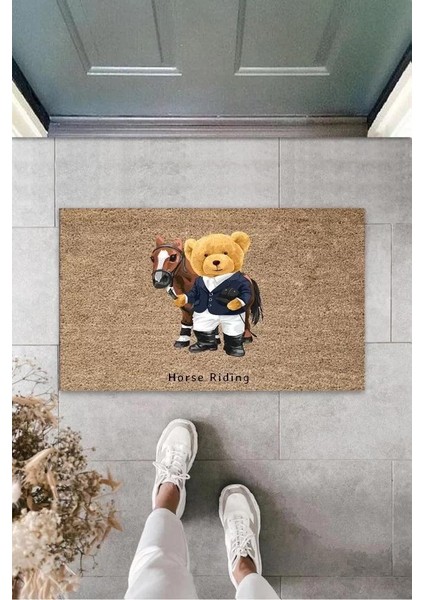 Dijital Horse Riding Ayıcık Bej Kapı Paspası Dış Mekan Paspas K-3184