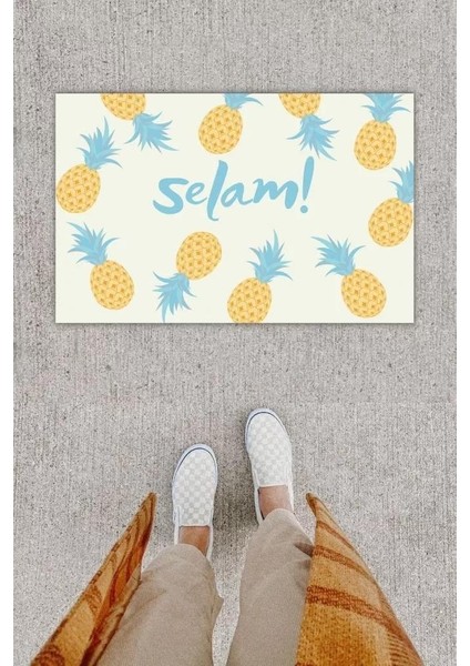 Dijital Baskı Dekoratif Ananas Mavi Kapı Önü Paspası K-1214
