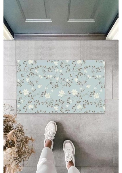 Dijital Baskı Açık Mavi Çoklu Çiçek Kapı Paspası