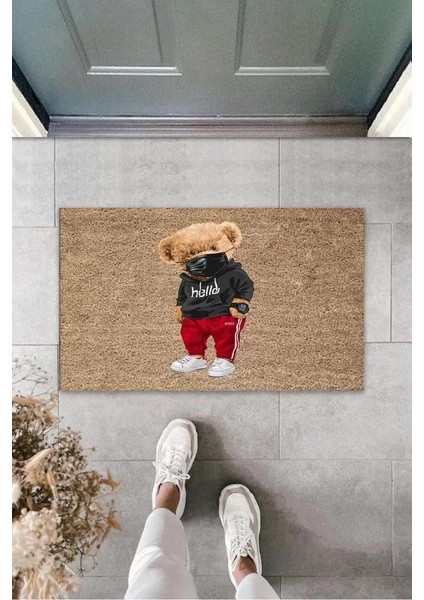 Dekoratif Dijital Maskeli Ayıcık Bej Kapı Paspası Dış Mekan Paspas K-3179