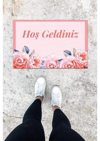 Dijital Baskı Pembe Gül Desen Kapı Önü Paspası K-1011