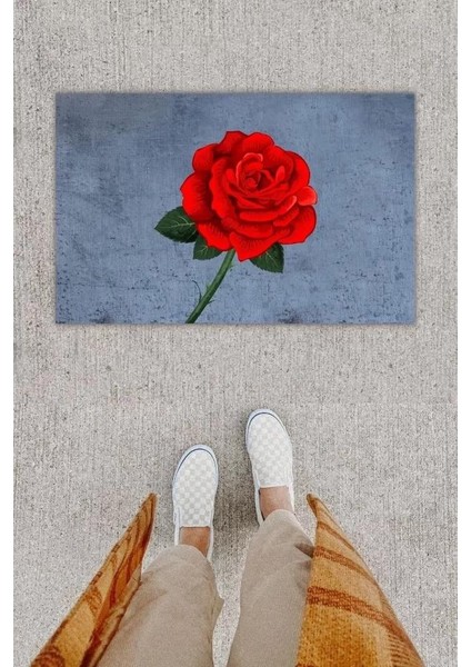 Dijital Baskı Dekoratif Gül Kırmızı Kapı Önü Paspası K-1294