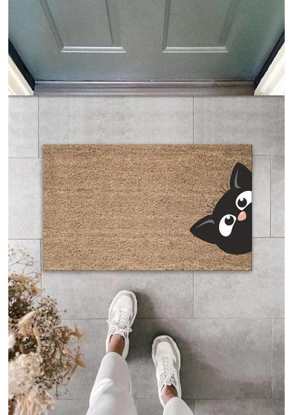 Dijital Baskı Kahverengi Kenardan Bakan Kara Kedi Dekoratif Kapı Paspası K-2018