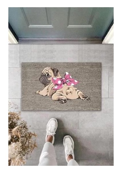 Dijital Baskı Gri Pembe Fiyonklu Yüzüstü Yatan Köpek Dekoratif Kapı Paspası K-2037