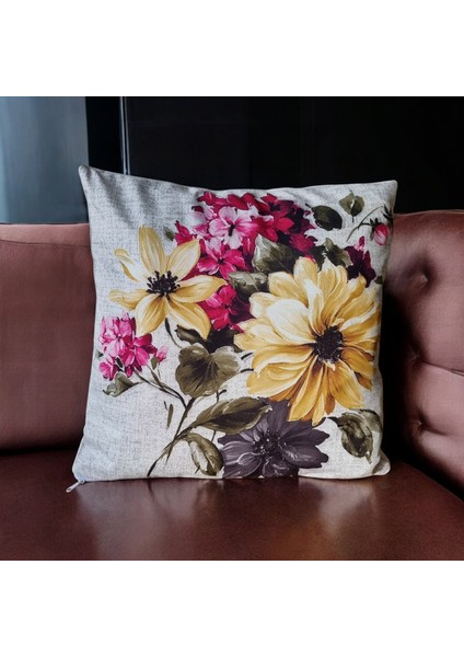 Dijital Baskılı Pastel Renk Çiçek Detaylı Kırlent Kılıfı