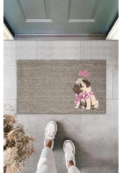 Dijital Baskı Gri Hello Yazılı Pembe Fiyonklu Köpek Dekoratif Kapı Paspası K-2070
