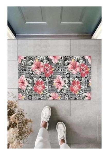 Dekoratif Dijital Zambak Pembe Kapı Paspası Dış Mekan Paspas K-3059