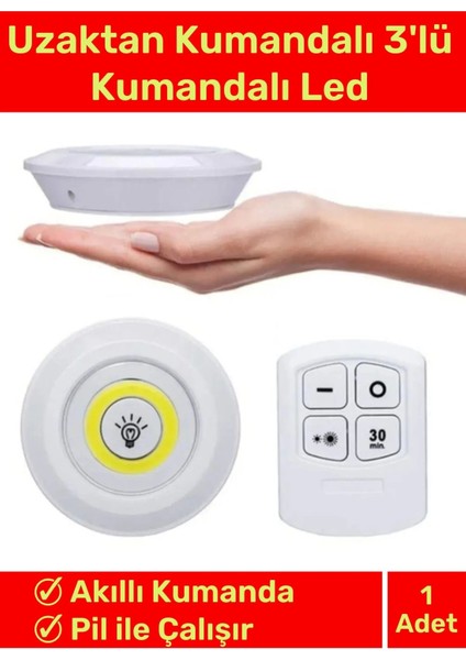 Deluxe Av Kamp Ev Okul Araba Otel Pilli Uzaktan Kumandalı Yapışkanlı Dayanıklı 3'lü LED Spot 1 Adet