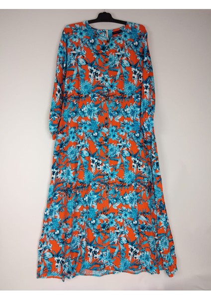 Kadın Mavi Bisiklet Yaka Uzun Kollu Kol Bilek Lastikli Yazlık Viskon Uzun Anne Elbise 2 cm Suya Çeker fırsatları