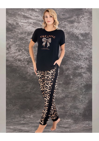 Leopar Desen Üst-Alt Pijama Takım