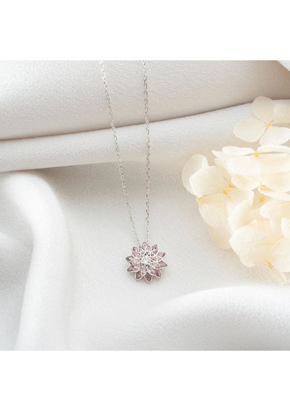 925 Ayar Gümüş Pembe Taşlı Lotus Hediye Kolye