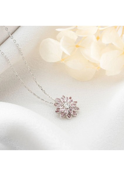 925 Ayar Gümüş Pembe Taşlı Lotus Hediye Kolye