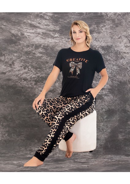 Leopar Desen Üst-Alt Pijama Takım