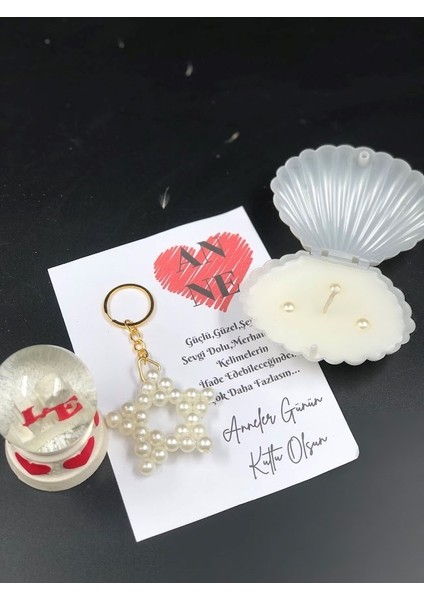 Anneler Günü Hediye Seti Küre Mum ve Inci Anahtarlık Annem Sen Benim En Değerli Incimsin