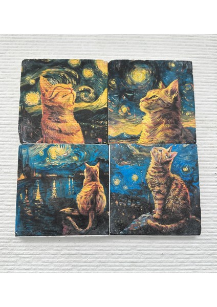 Kedi Desenli Doğal Taş Bardak Altlığı – 4’lü Set