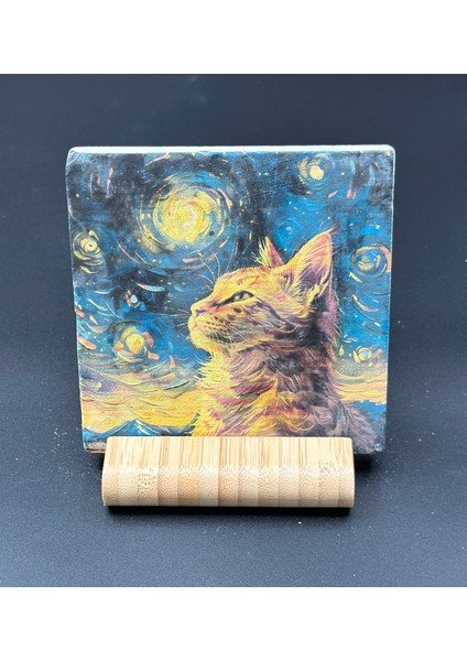 Kedi Desenli Doğal Taş Bardak Altlığı – 4’lü Set