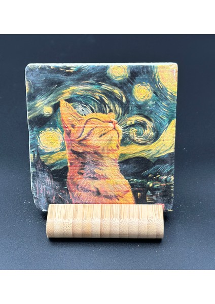 Kedi Desenli Doğal Taş Bardak Altlığı – 4’lü Set