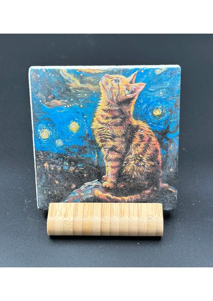 Kedi Desenli Doğal Taş Bardak Altlığı – 4’lü Set
