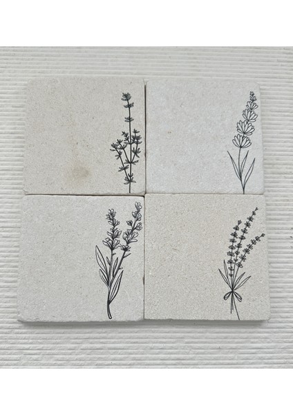 Siyah Çiçek Desenli Doğal Taş Bardak Altlığı – 4’lü Set