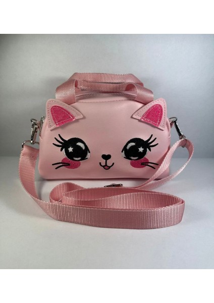 Kız Çocuk Omuz Çantası Pembe Kedili Simli Kulaklı Çıkarılabilir Askılı