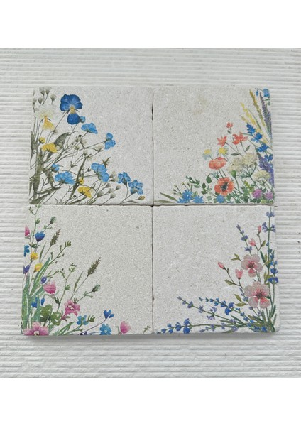 Kır Çiçeği Desenli Doğal Taş Bardak Altlığı– 4’lü Set