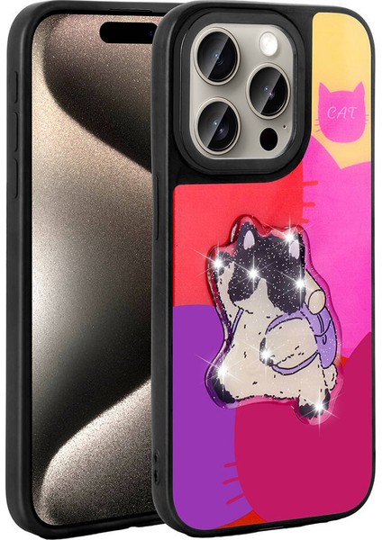 Apple iPhone 15 Pro Kılıf Parlayan Kabartmalı Ikonik Figürlü Amas Silikon Kapak-Mor