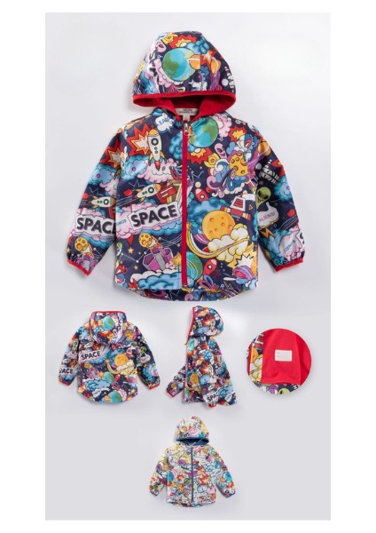 Çok Renkli Unisex Kız Çocuk Erkek Çocuk Space Uzay Temalı Kapüşonlu Fermuarlı Su Geçirmez Astarlı Içi Kırmızı Dört Mevsim Mevsimlik Mont
