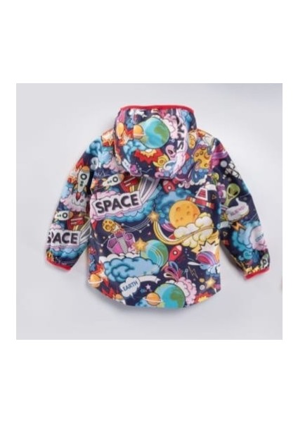 Çok Renkli Unisex Kız Çocuk Erkek Çocuk Space Uzay Temalı Kapüşonlu Fermuarlı Su Geçirmez Astarlı Içi Kırmızı Dört Mevsim Mevsimlik Mont