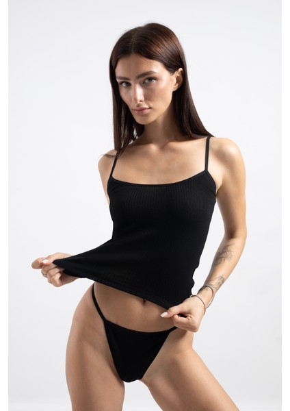 Pamuklu Ince Askılı Fitilli Siyah Kadın Atlet