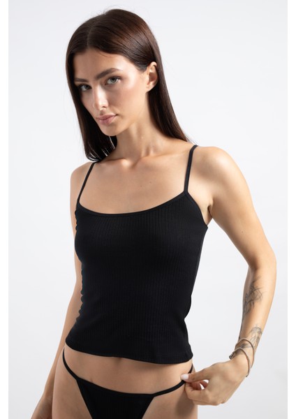 Pamuklu Ince Askılı Fitilli Siyah Kadın Atlet fiyatları