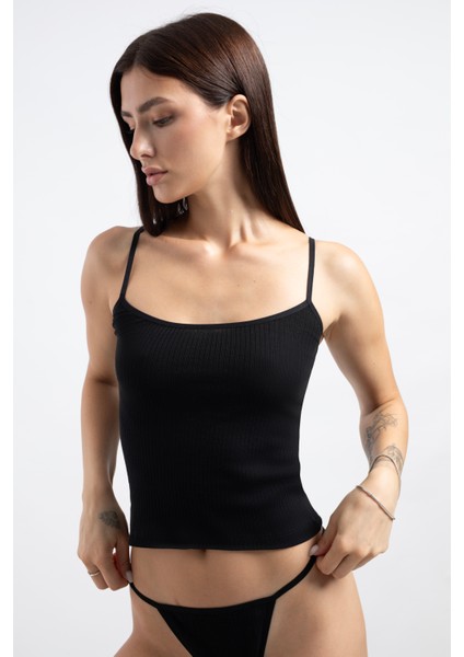 Pamuklu Ince Askılı Fitilli Siyah Kadın Atlet modelleri