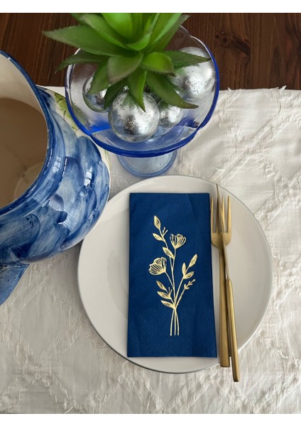 Gold Yaldızlı Lacivert Gelincik Çiçeği Baskılı Garson Katlama Peçete 16 Lı