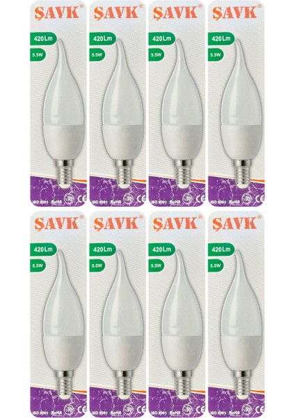(8 adet) Şavk 5,5W (37W) Beyaz Işık (6500K) E14 DUYLU (Ince Duy) LED Kıvrık Ampul