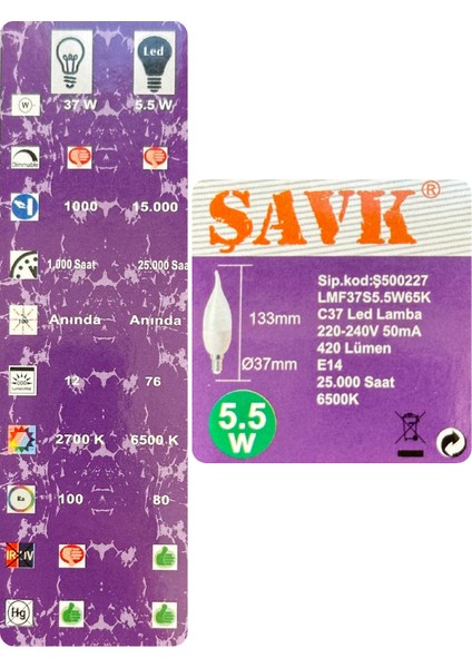 (8 adet) Şavk 5,5W (37W) Beyaz Işık (6500K) E14 DUYLU (Ince Duy) LED Kıvrık Ampul fırsatları