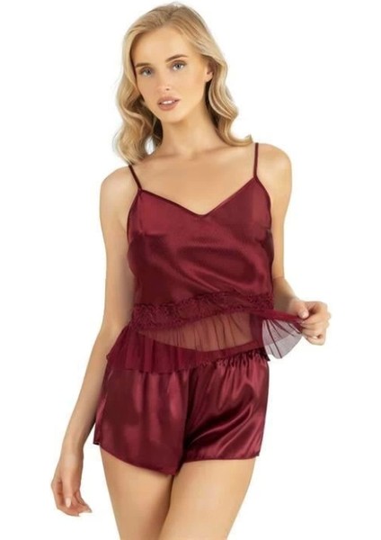Miraxx Bordo Saten Şort Takımı 9209