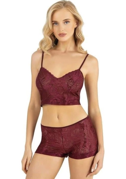 Miraxx Bordo Saten Şort Takımı 9219
