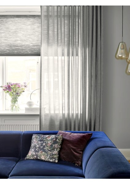 Modern Düz Keten Tül Perde - Açık Gri - Pileli Dikim 1x2,5 Pile - U74817